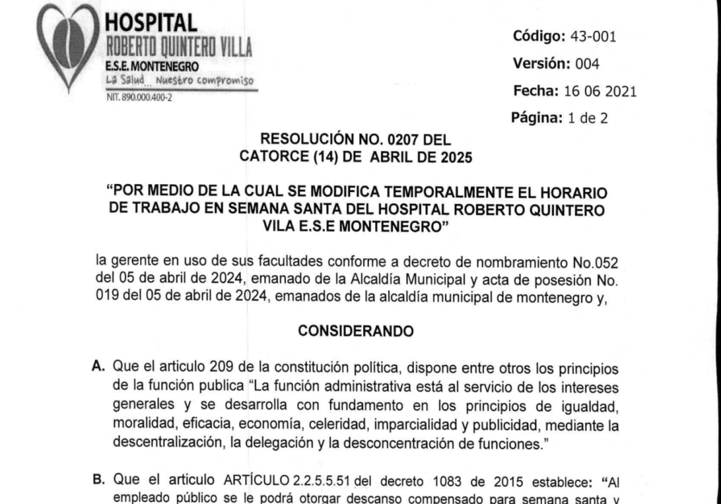 Modificación de la jornada laboral Semana Santa